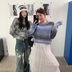 ME KAKAMEE十三行秋慵懒混纱彩点工艺条纹短款毛衣针织衫女 6019