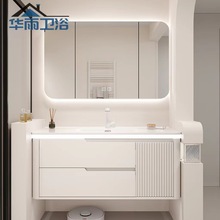现代奶油风陶瓷一体盆组合橡木烤漆浴室柜组合可丽耐一体盆卫浴