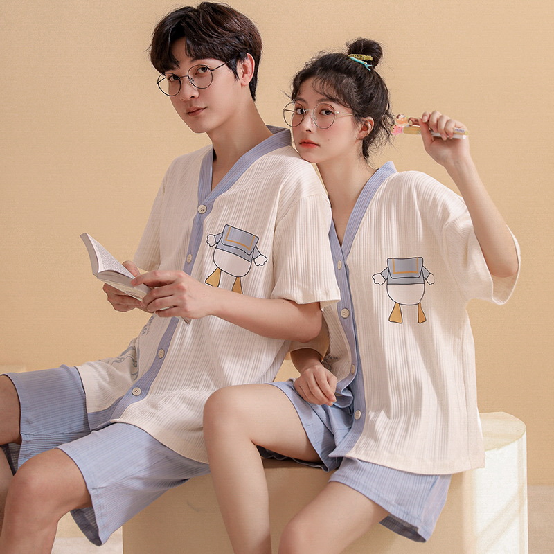2024 verano pareja pijama de algodón cardigan de manga corta suelta ropa de casa de tamaño grande para hombres y mujeres juegos de camiso