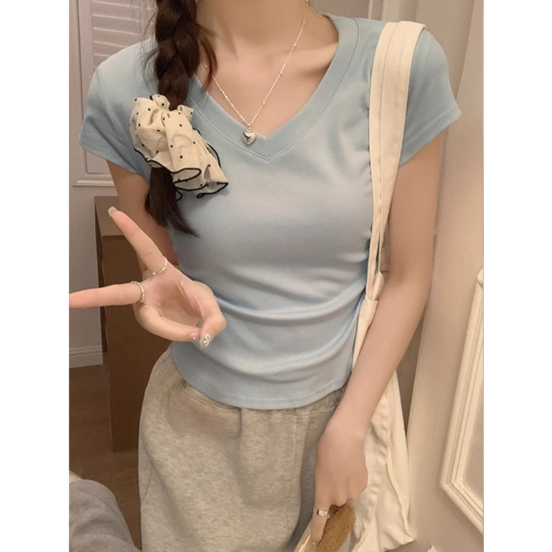 K006 블루 브이넥 플리츠 웨이스트
