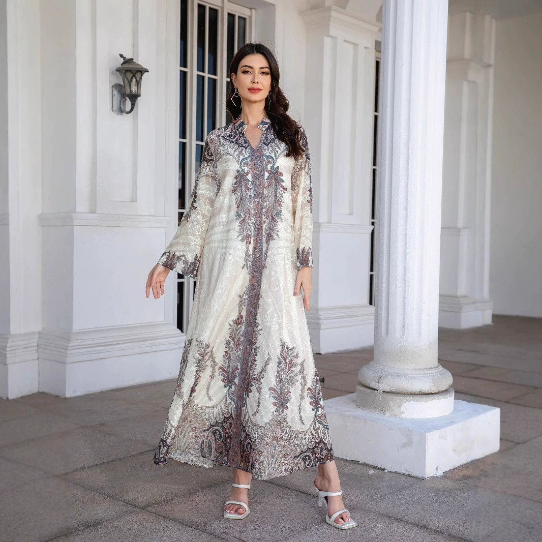 Трансграничная Ближневосточная женская длинная юбка Абая, модное мусульманское женское платье с рукавами-колокольчиками и принтом