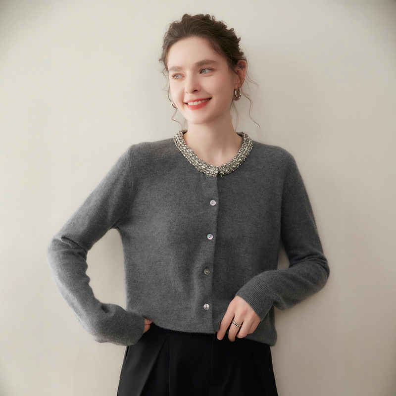 Heavy-Duty Round Neck Diamond-Studded Single-Breasted Solid Color Cashmere Women's Knitted Cardigan Loose Slimming Chanel-Style Jacket Top