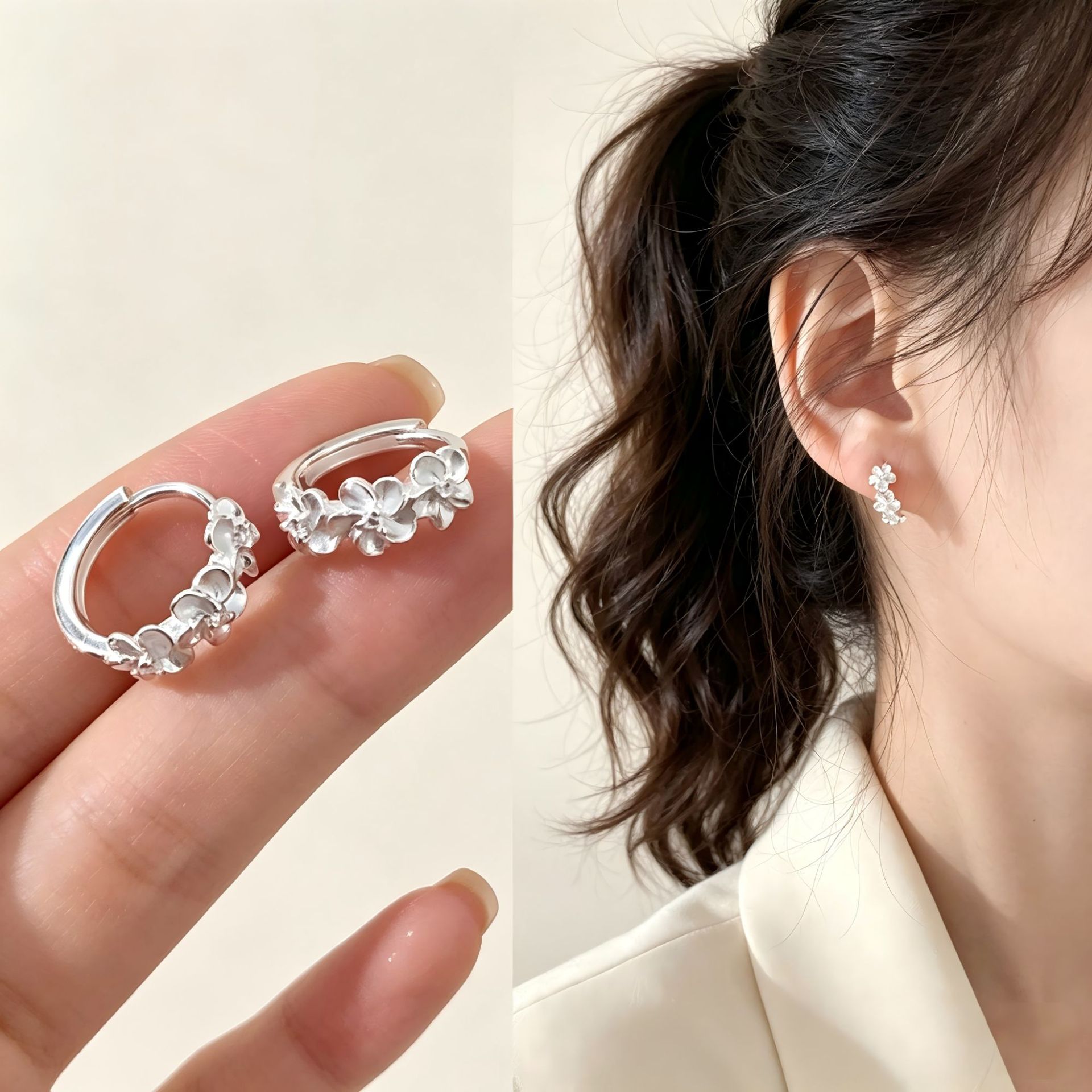 Small, delicate, and sparkling three-flower earrings for women, exuding a high-end, niche, fashionable, and elegant vibe, perfect for work and versatile for any outfit