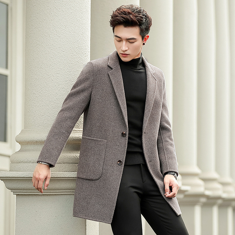 R1901 Double sided Cashmere Free Coat Men's Woolen Coat Medium length Winter Plus Down Woolen Fabric Slim Fit