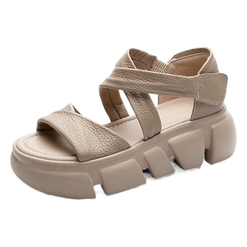 Повседневные сандалии с рыбьим носком на толстой подошве из воловьей кожи первого слоя, летняя верхняя одежда, Новая Винтажная кожаная пляжная обувь на липучке с кексами