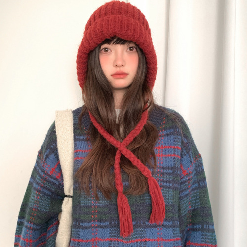 Blue ear protection balaclava hat for women in winter autumn and winter new style large head circumference warm knitted woolen hat red