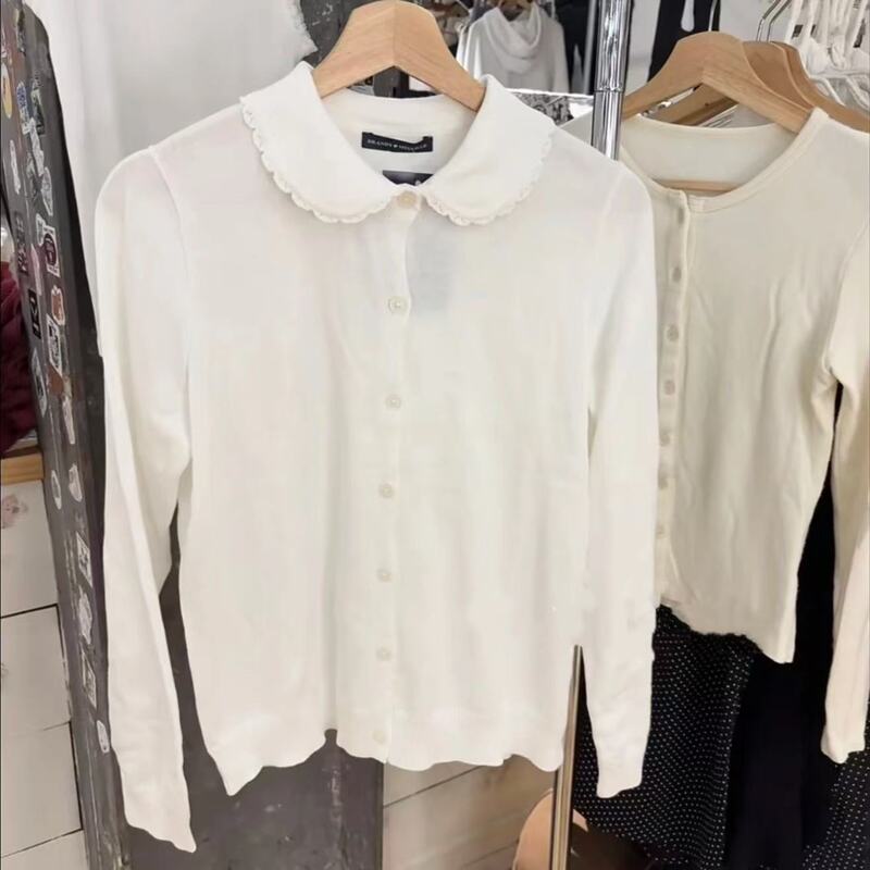 Bm Style White Lace Doll Collar Knitted Cardigan Women's Button-Down Age-Reducing Knitwear Sweater Jacket Preppy Style Top Bm Style White Lace Doll Collar Knitted Cardigan Women's Button-Down Age-Reducing Knitwear Sweater Jacket Preppy Style Top