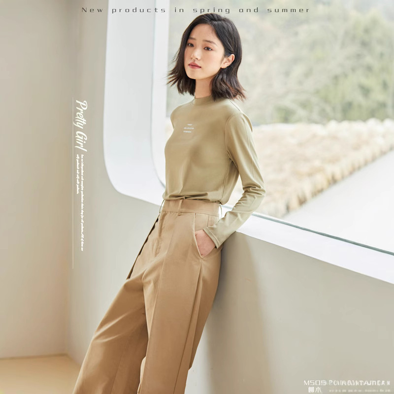 Yucker Spring and Autumn Thin Women's Round Tie Letter Long-Sleeved T-Shirt Base Shirt Inner Wear Outer Wear High Elastic Slim Shirt