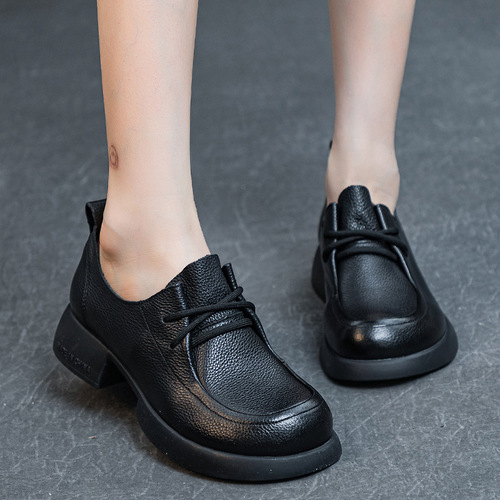 Women's Single Shoes  Autumn New Thick Heel Soft Sole Washed Full Grain Soft Calfskin Retro Style Women's Laced Deep Mouth Shoes