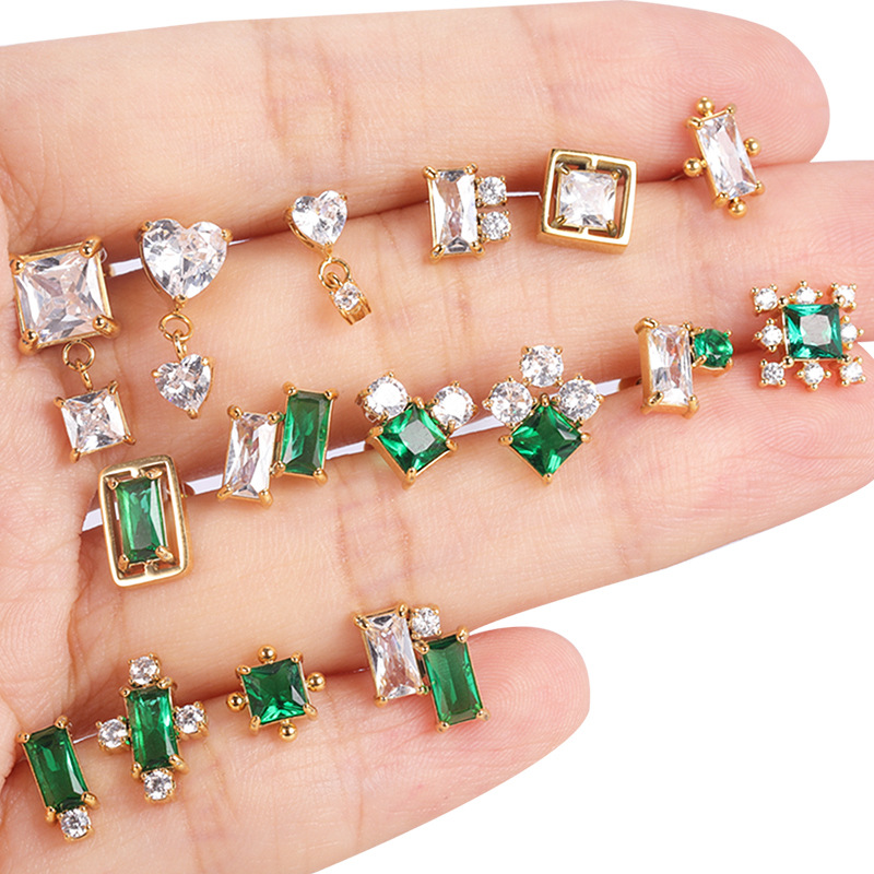 2022 New Emerald Diamond CZ Stainless Steel Earrings Fashion Ear Studs for Women Ear Bone Nail Titanium Steel Ear Pin detail image 13