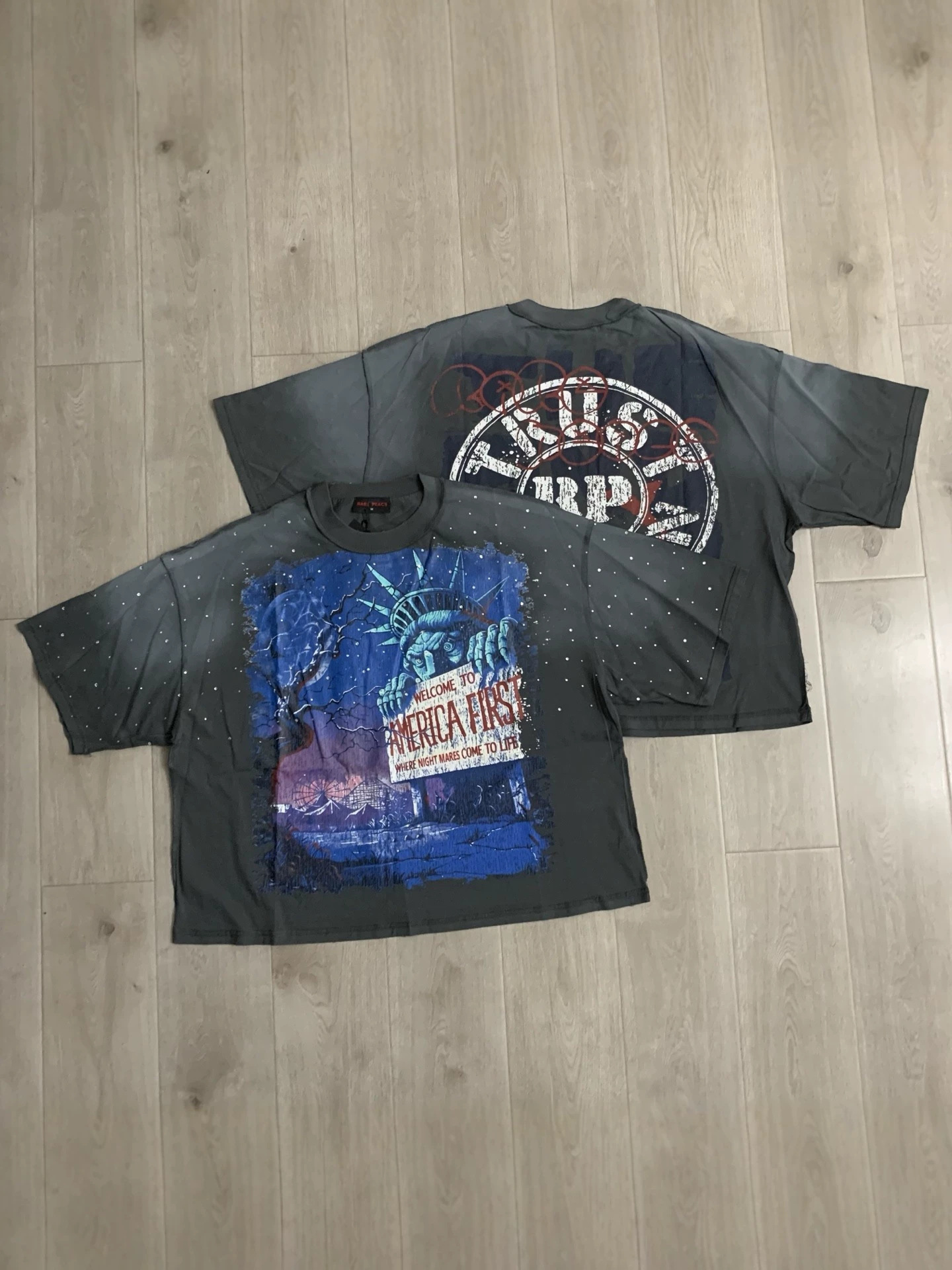 Rare Peace Vintage Wash America First Crop Tee European and American Style Rhinestone Short-Sleeve T-Shirt