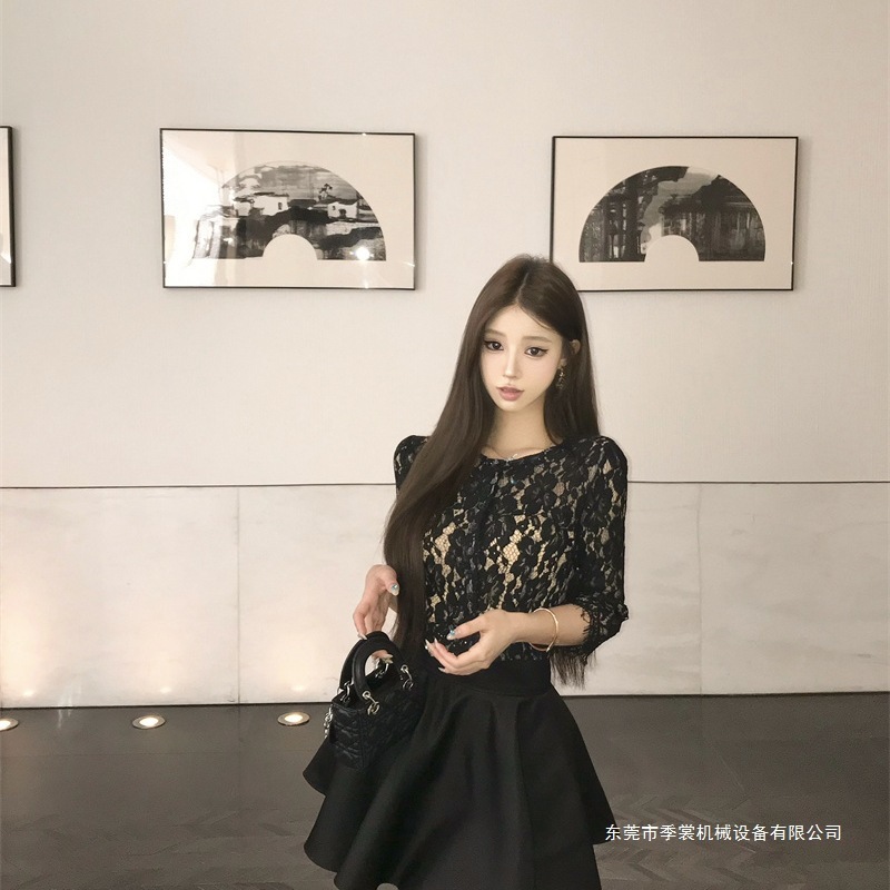 黑色镂空中袖蕾丝衫上衣女早秋穿搭套装御姐轻熟气质半身裙两件套|undefined