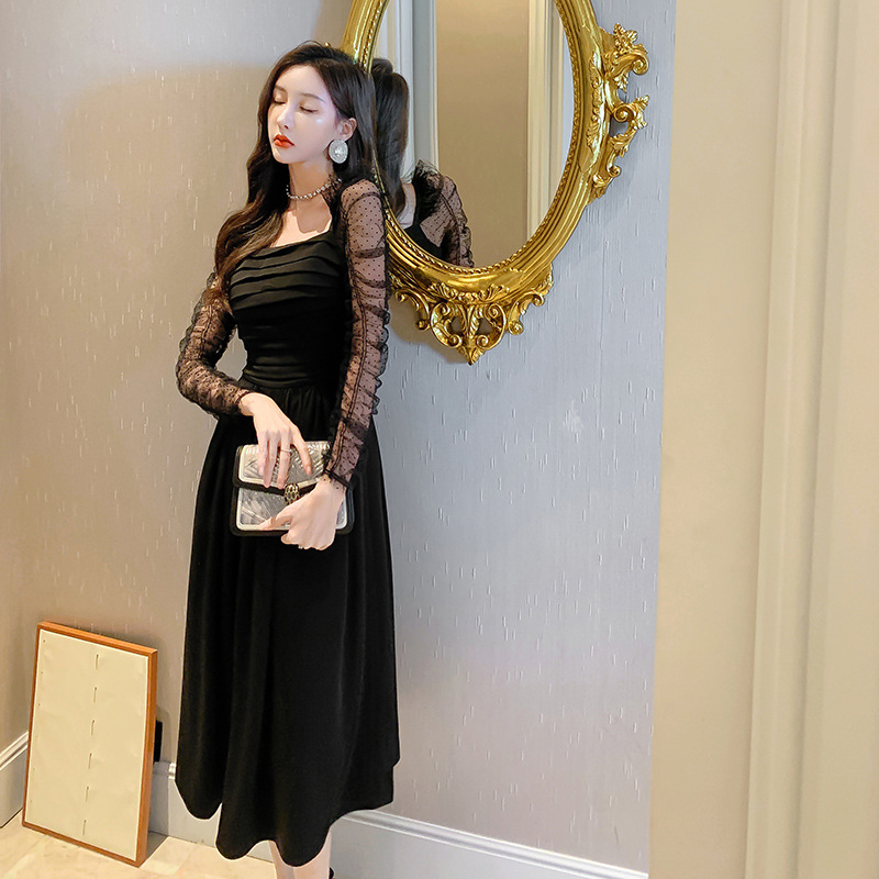 Váy đen ngắn kiểu Hepburn phối lưới tay bồng cổ vuông eo xếp ly — Màu đen