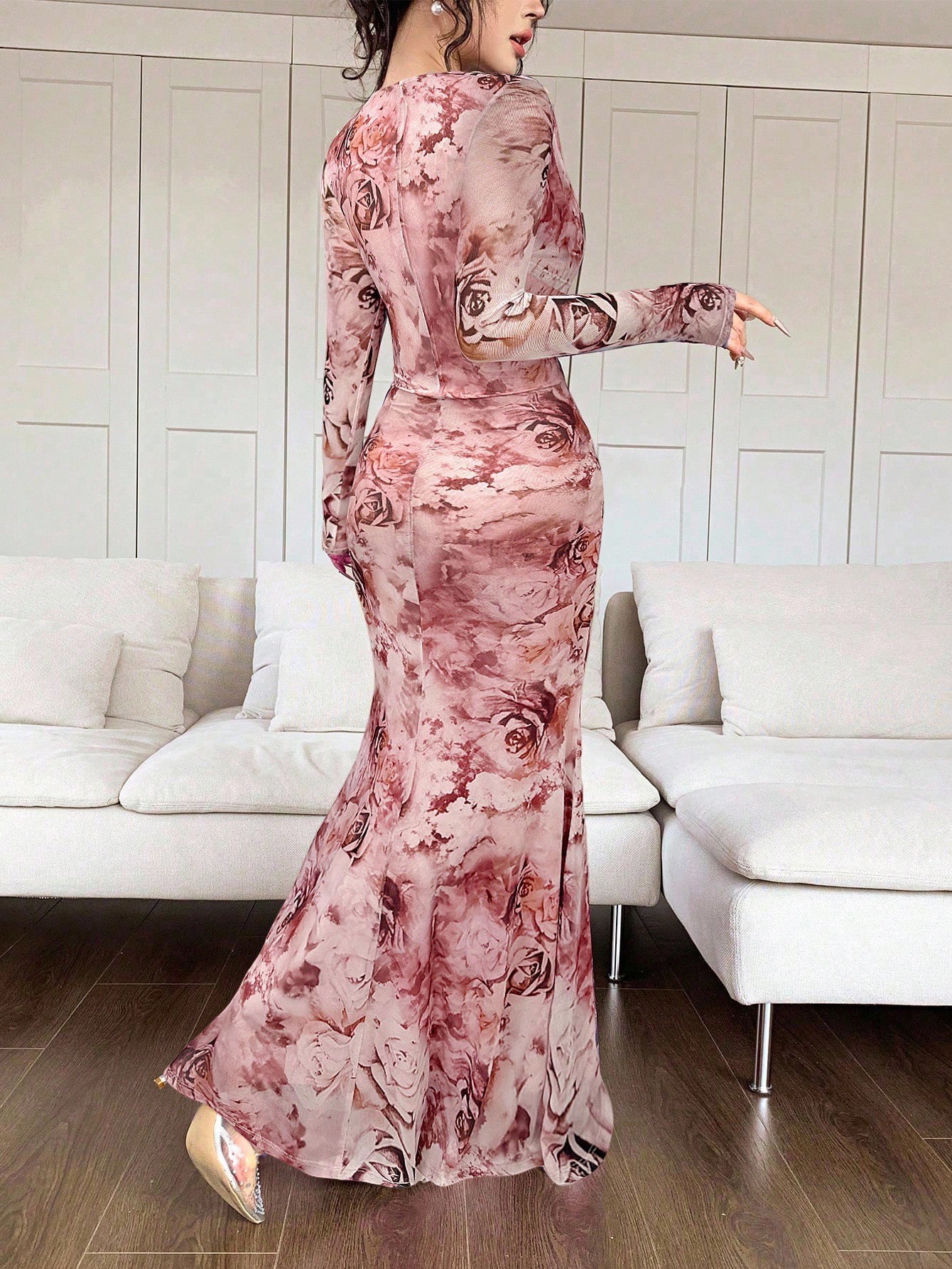 Summer Women's U Neck Long Sleeve Patchwork Slim Fit Printed Maxi Dress_ecoleips.com