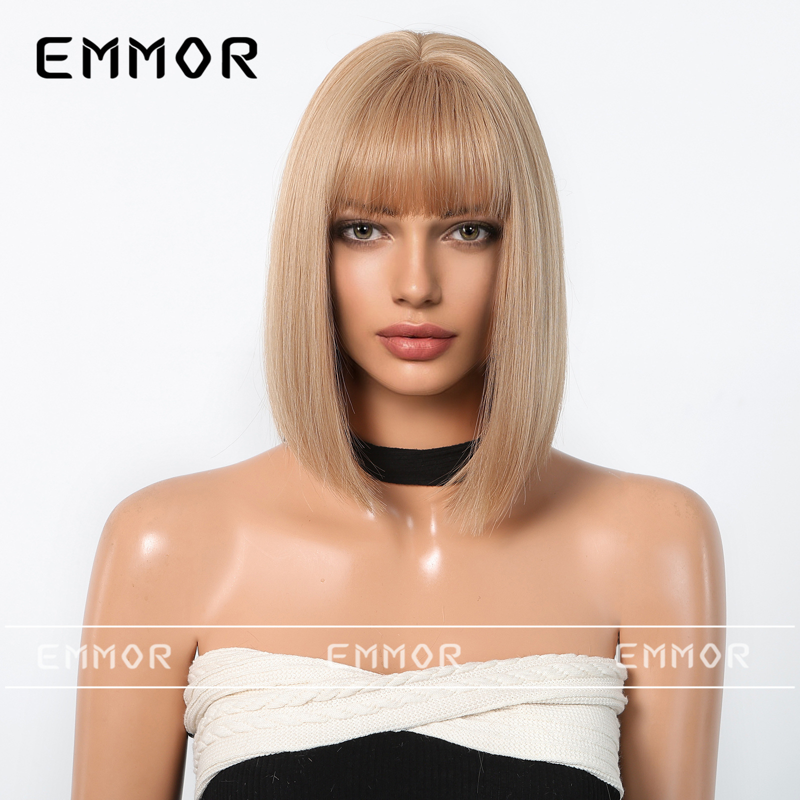 Estilo europeo y americano nuevo estilo champán marrón pelo corto y liso moda reducción de edad cabeza de bobo peluca natural sin costuras cubierta completa