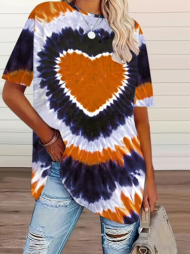 2026 new large size women's tie-dyed love printed T-shirt, spring and summer casual short-sleeved top