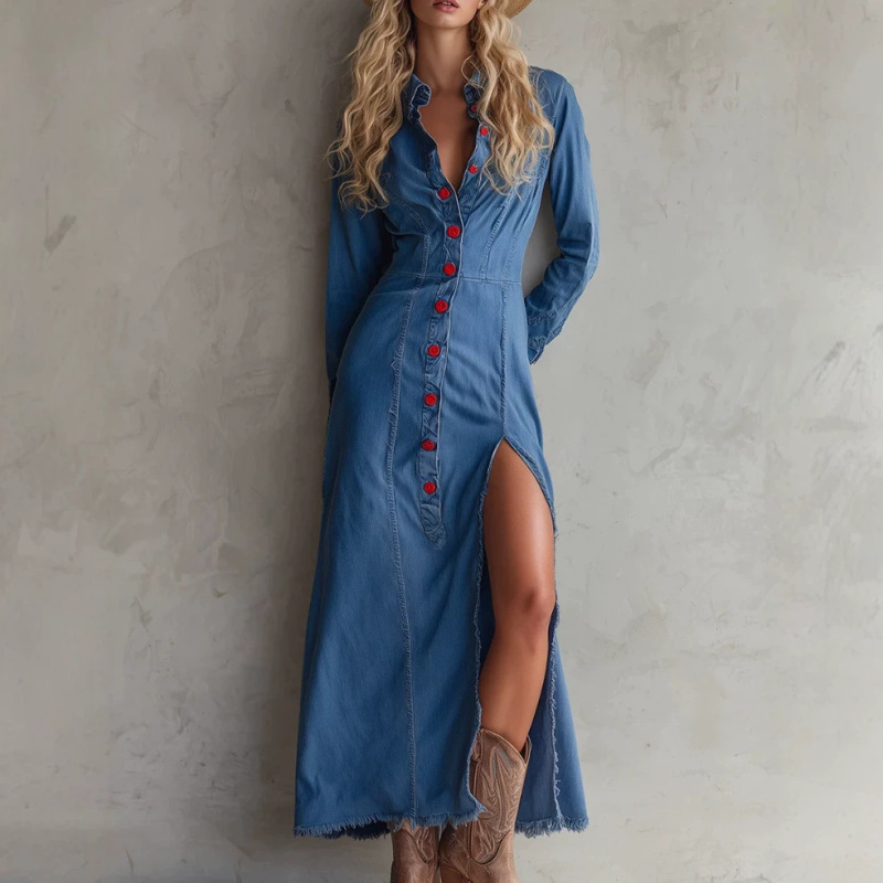 European and American style denim long-sleeve dress for women, deep V-neck, slit, slim fit, long vintage western-style dress European and American style denim long-sleeve dress for women, deep V-neck, slit, slim fit, long vintage western-style dress