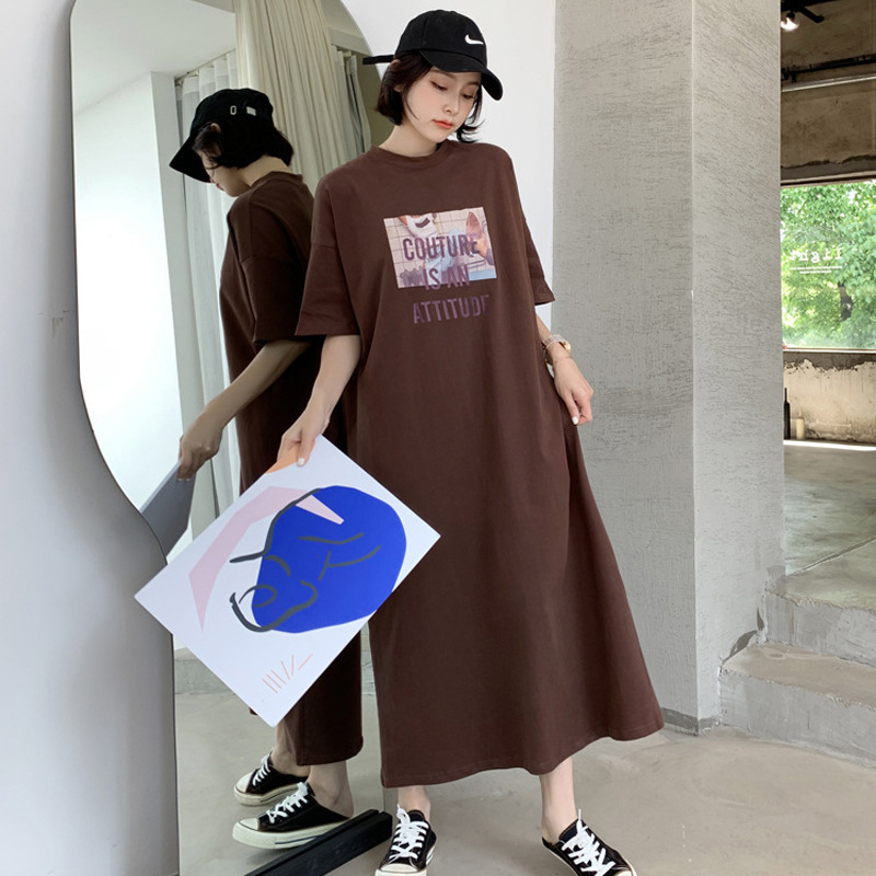Women's Long T-shirt Short-sleeved 2024 Summer New Fashionable Ins Loose Casual Round Neck Cotton Over-the-knee dress