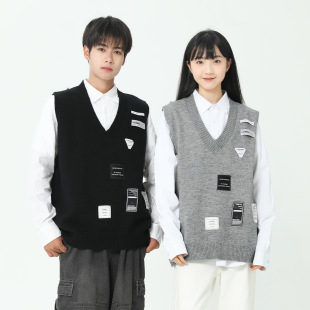 Design Sense Couple Clothing Autumn and Winter Heavy Industry Labeling Sweater Men's and Women's Korean Style Loose Vest College Style Sweater Trendy