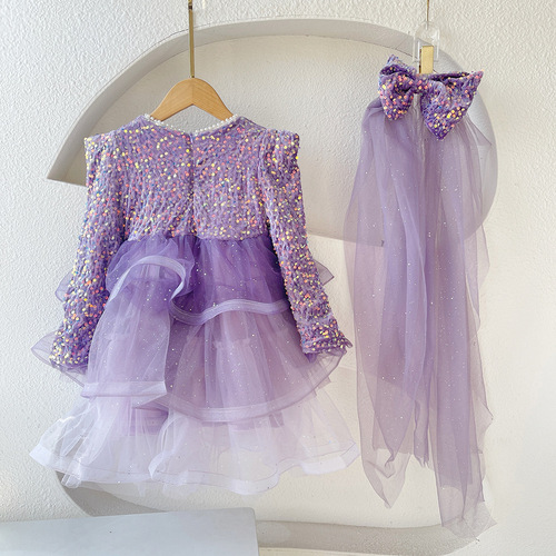 Children's clothing, non-fleece spring and autumn items, sparkling princess dress for girls, net chiffon puff birthday cake gift