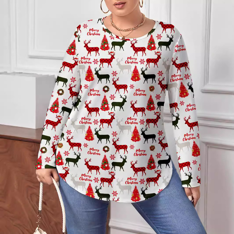 Europe and the United States cross-border new Christmas printing cute long sleeve top Amazon trend irregular plus size round neck T-shirt