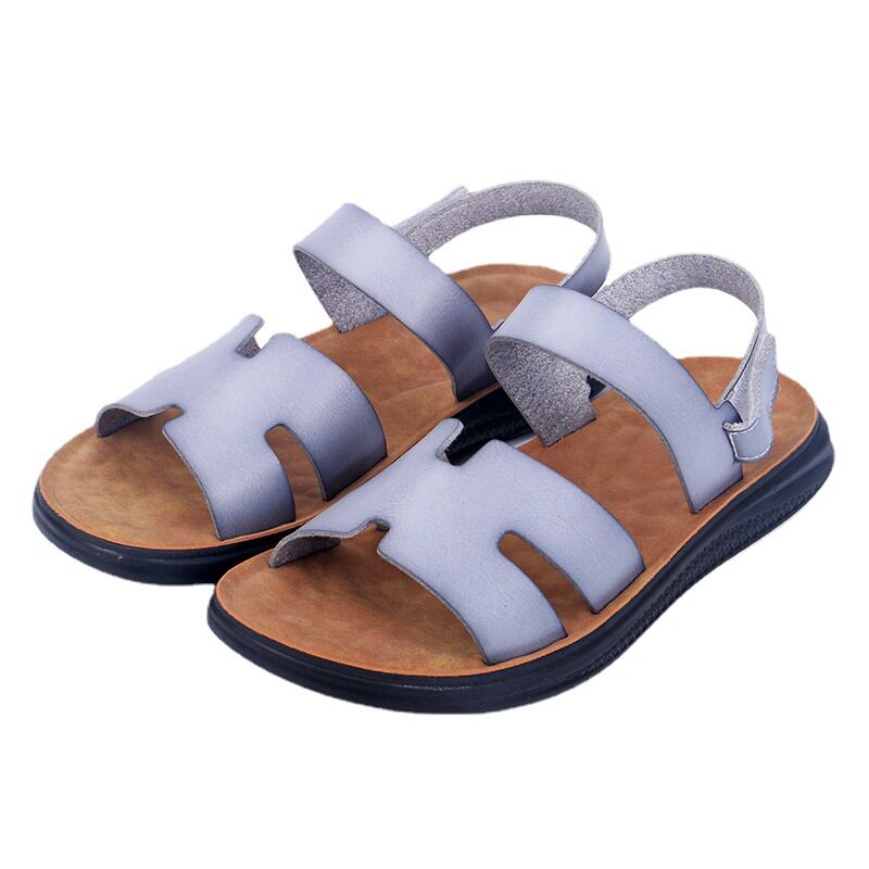 Dép sandal nam quai ngang hở ngón phong cách retro, chất liệu siêu sợi, cỡ lớn — Màu xám nhạt