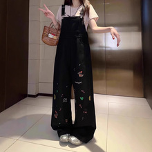 美式复古卡通重工刺绣水洗牛仔背带裤女2025春夏小众宽松连体长裤