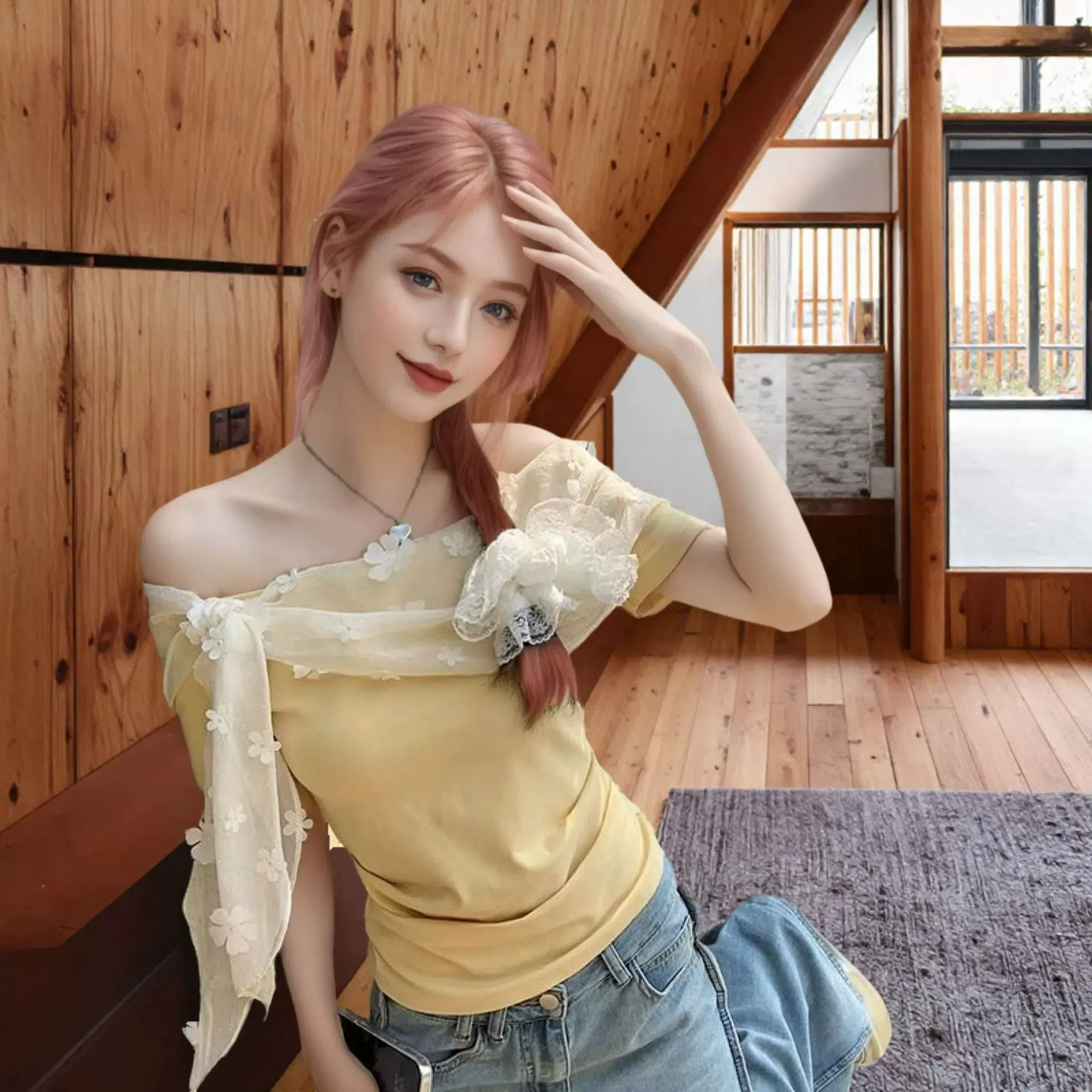 Кросс-бордерная футболка 2025 года, новый сладкий стиль, однотонный воротник, офф-шoulder, короткий рукав, дизайн с цветовым сочетанием, короткий топ, экспортный стиль