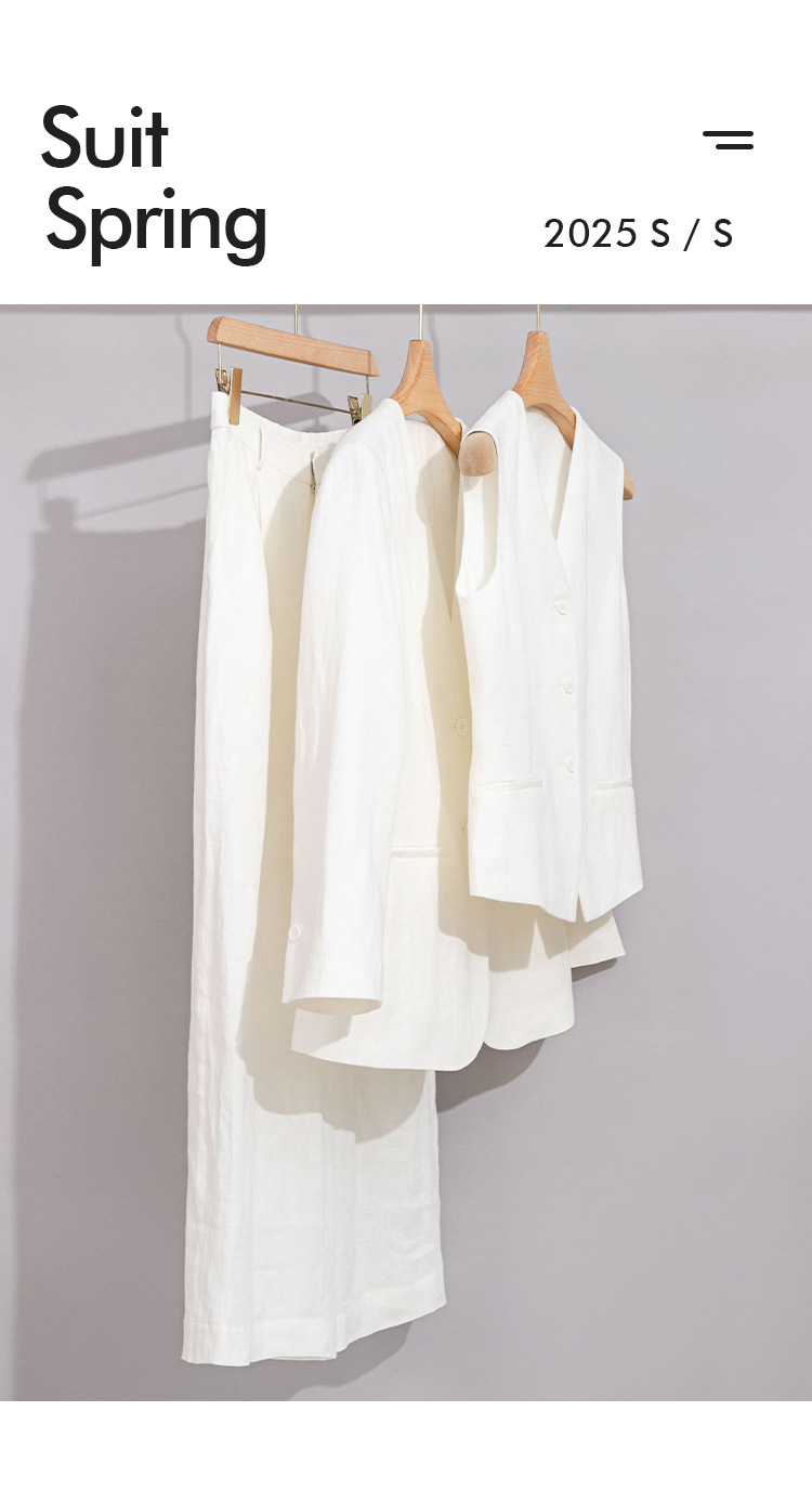 Completo da donna in lino ChicShe, tre pezzi, professionale, elegante, con pantaloni a gamba dritta e larga, blazer piccolo_voghion.com