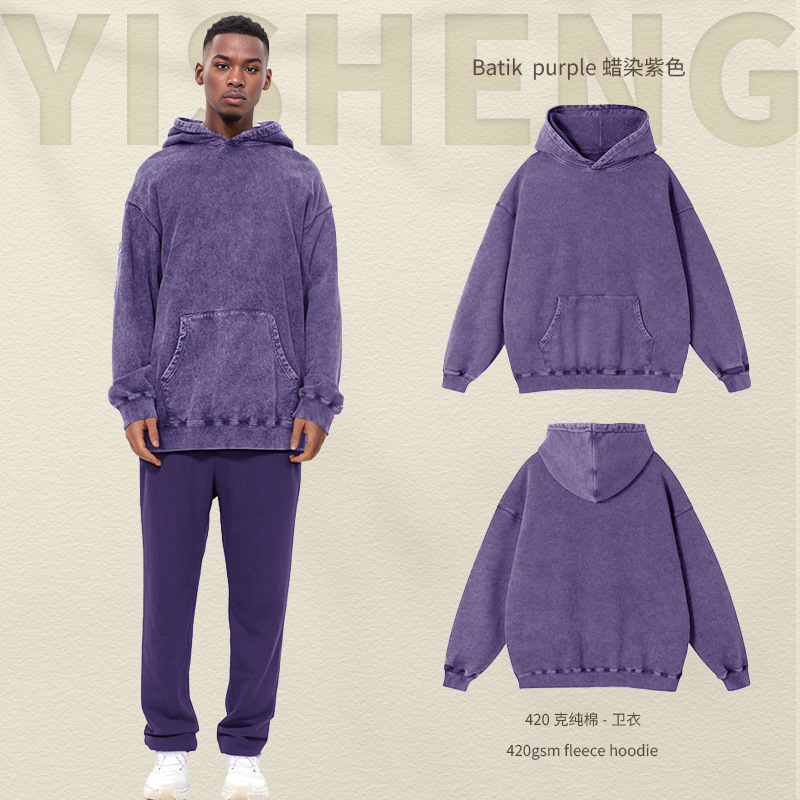 Sudadera Vintage de Algodón Puro Lavado, Estilo Retro Casual, Teñido con Cera de Copo de Nieve, Ropa para Hombre