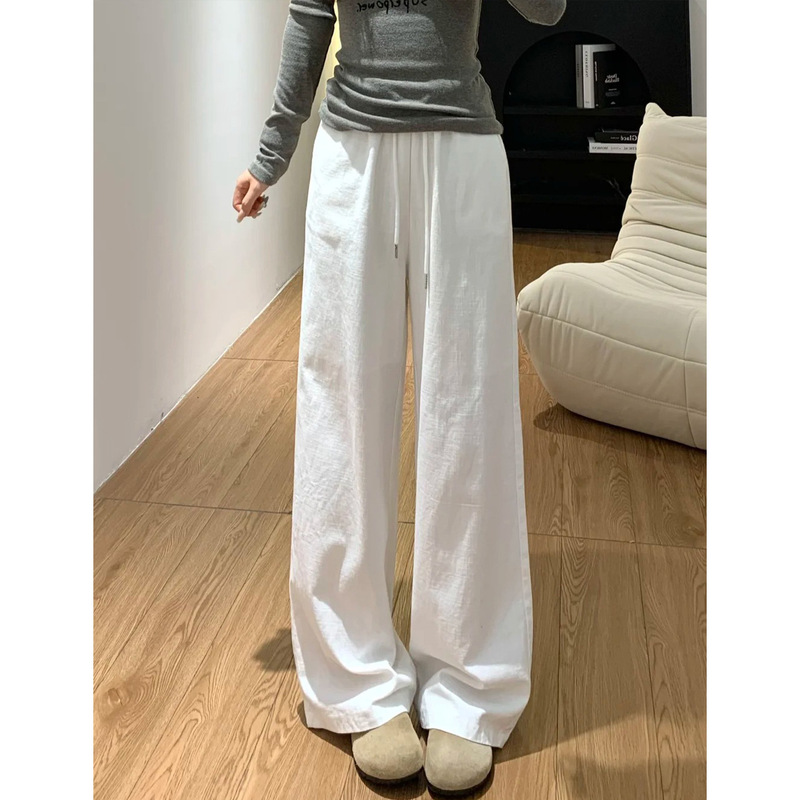 White Cotton-Linen Straight-Leg Pants for Women, Spring 2026 New Style, High-Waisted, Loose and Comfortable, Petite Korean-Style Drawstring Casual Pants White Cotton-Linen Straight-Leg Pants for Women, Spring 2026 New Style, High-Waisted, Loose and Comfortable, Petite Korean-Style Drawstring Casual Pants