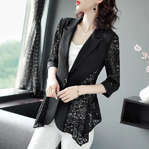 Trendy petite blazer, thin seven-quarter sleeve jacket for women—new summer style, lace-matched, fashionable, elegant, slim-fit cardigan for outerwear.