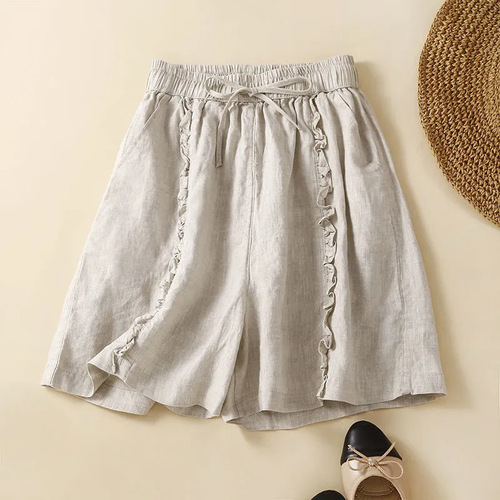 Cotton Linen Wood Ear Edge Design Wide Leg Shorts for Women 2025 Summer Literary Retro Loose Casual Five-Finger Mid-Calf Pants