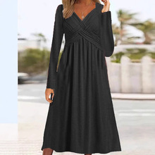 2024亚马逊欧美跨境秋冬新款 长袖休闲宽松交叉长款连衣裙女