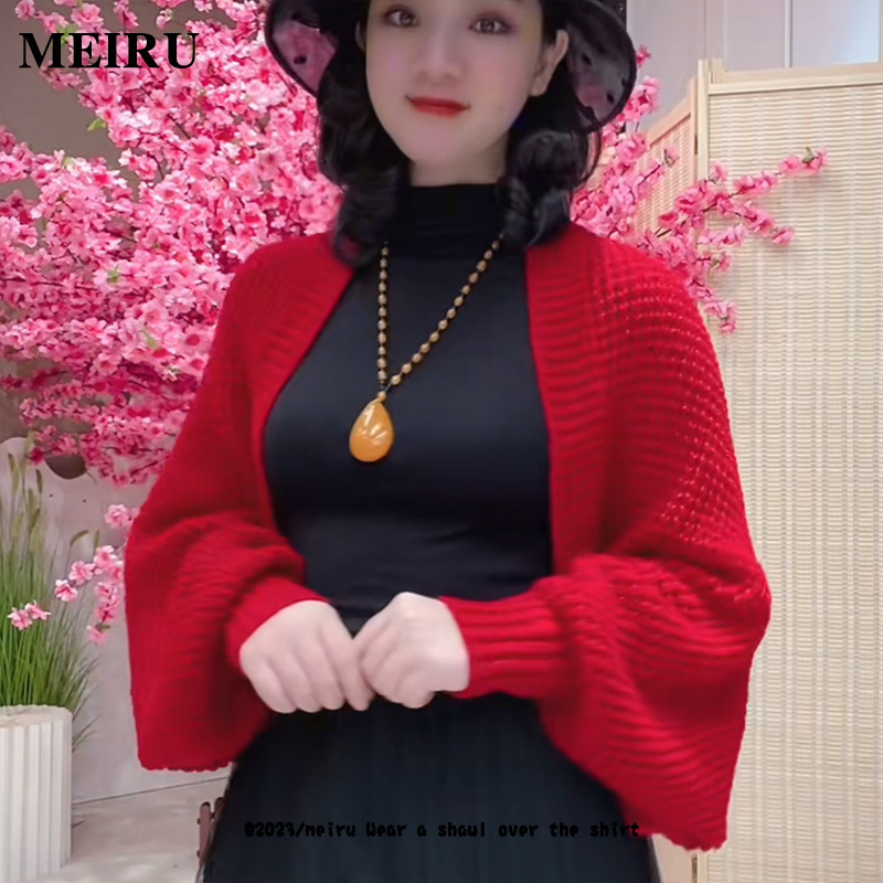 针织披肩女外搭秋冬季保暖时尚百搭洋气宽松长袖旗袍开衫带袖外套|undefined
