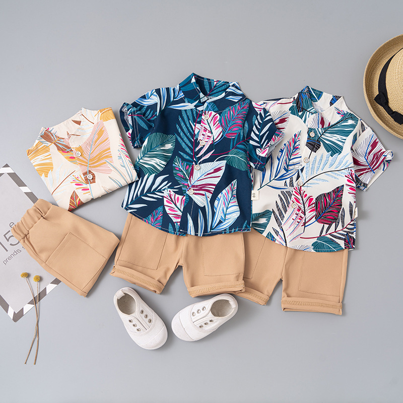 Children's Summer Lapel Shirt, Short-Sleeved Shorts Two-Piece Set, Boy's Floral Print Leaf Suit, Thin Summer Style