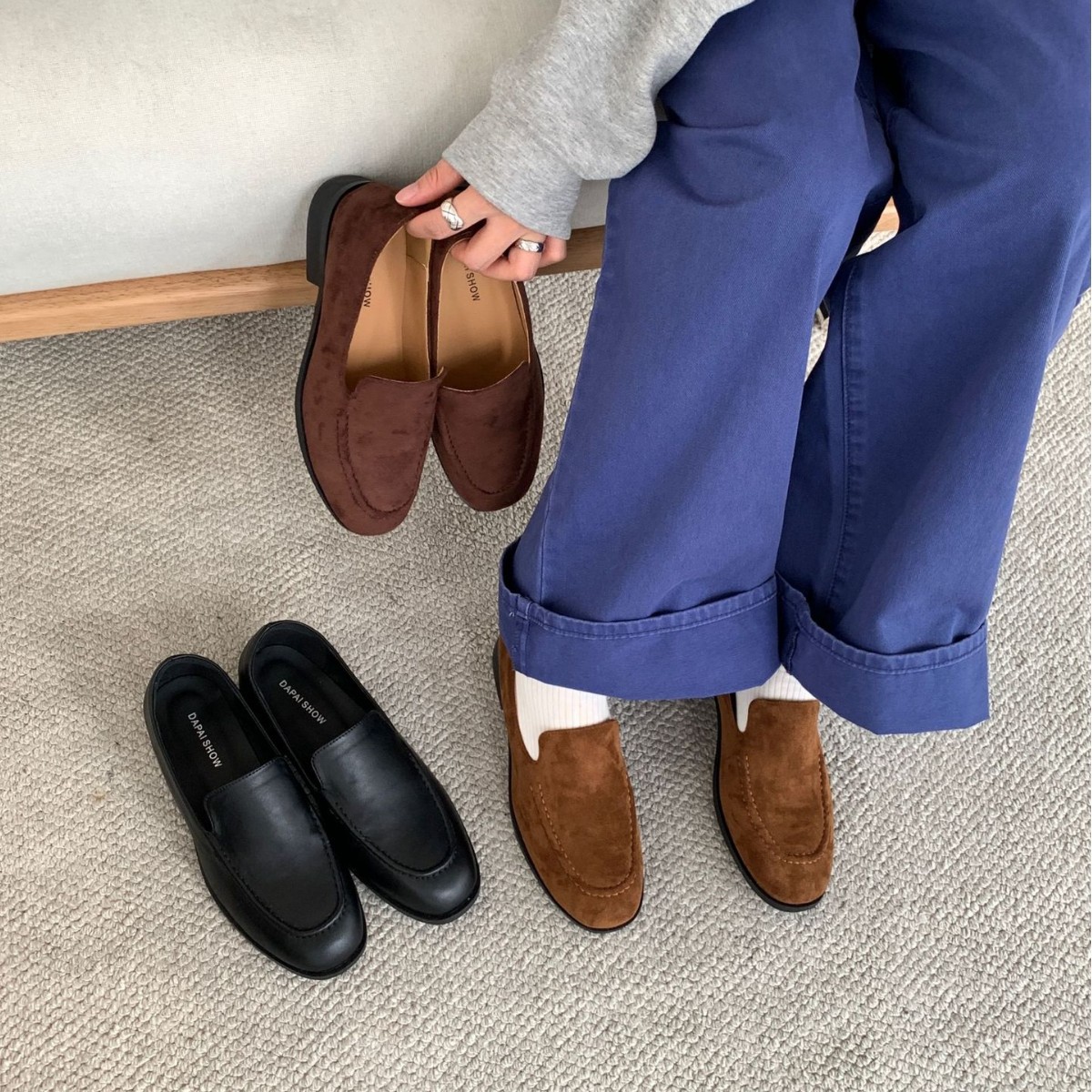 复古小方跟棕色绒面乐福2025年秋季单鞋女绒面通勤套脚小皮鞋女