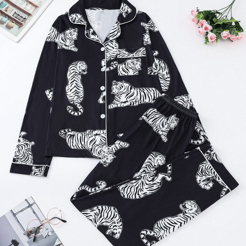 Amazon's Popular European and American Style Women's Long-Sleeved Pajama Set with 3D Digital Tiger Print and Lapel Collar for Spring and Autumn Loungewear Amazon's Popular European and American Style Women's Long-Sleeved Pajama Set with 3D Digital Tiger Print and Lapel Collar for Spring and Autumn Loungewear