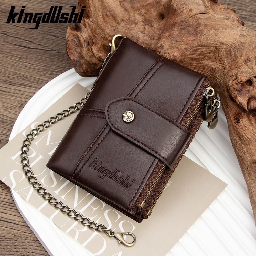 高级感复古油腊皮男士竖款钱包侧拉链多功能搭扣零钱包链条PU皮夹