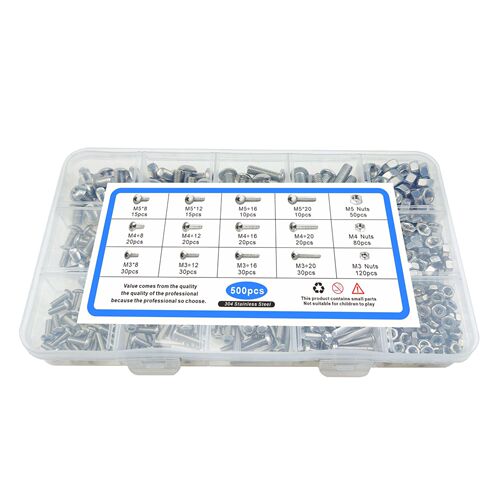 304 stainless steel 500pcs boxed set M3M4M5 round head bolts screws nuts pan head hexagonal screws
