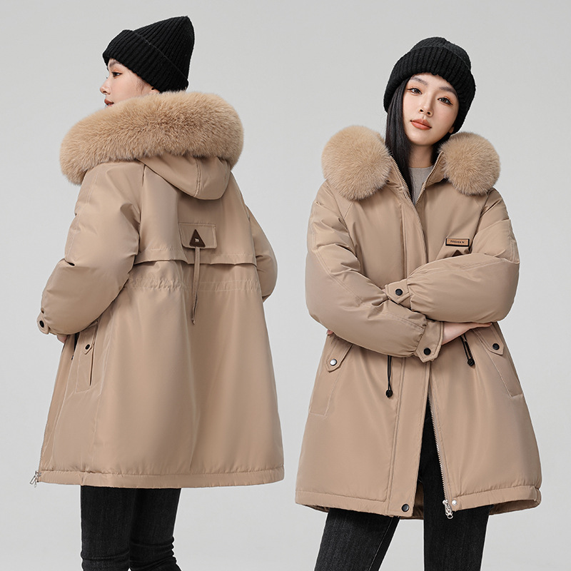 2024 foreign trade overcomes women's winter new Korean version waist cinching slimming hooded big fur collar cotton_voghion.com
