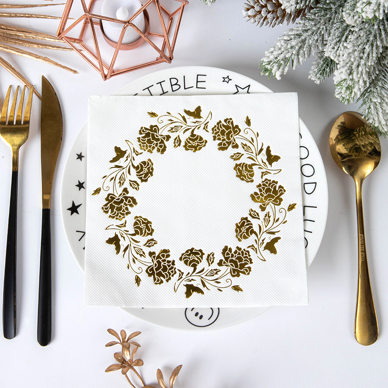 Servilletas Desechables con Estampado Dorado de Pulpa de Madera Nativa Absorbente y Duradero para Bodas y Fiestas