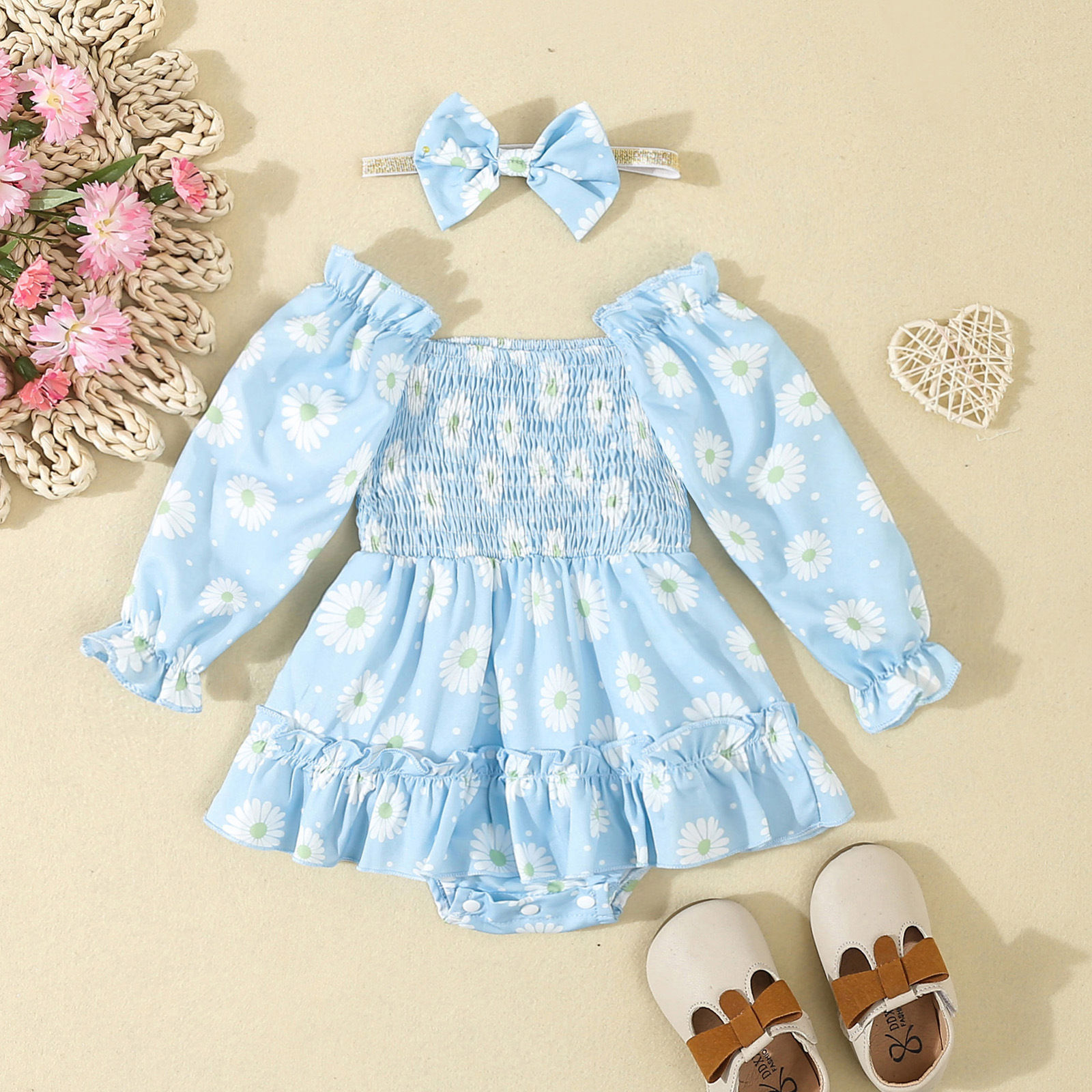 Baby romper kjole med hårbånd til piger forår og efterår_voghion.com