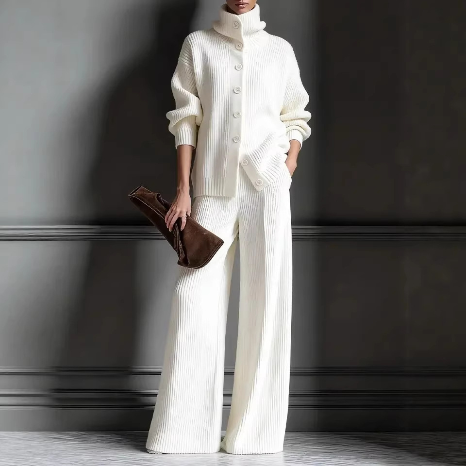 turtleneck Solid Color Cardigan Long-sleeved Top Wide-leg Pants Set Knitted 2-piece Set_ecoleips.com