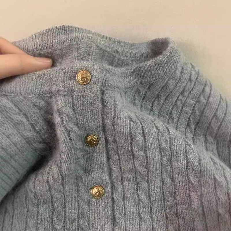 100% Pure Wool Cable Round Neck Women's Twist Fashion Casual Elegant Knitted Cardigan Sweater Autumn and Winter