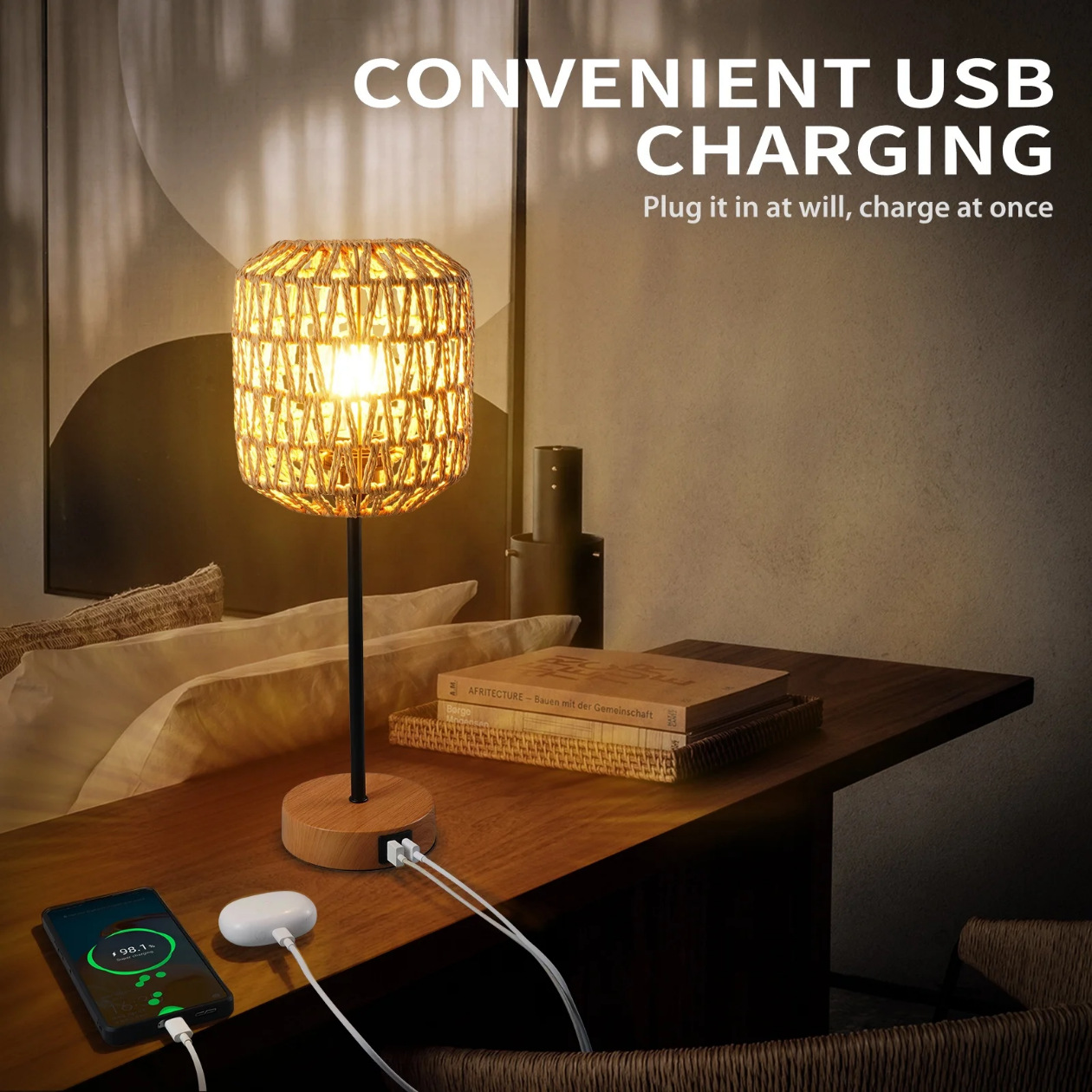 HOME Touch Atmosphere Light USB recargable dormitorio cabezal de la cama lámpara de noche tejida a mano bohemia decoración lámpara de escritorio