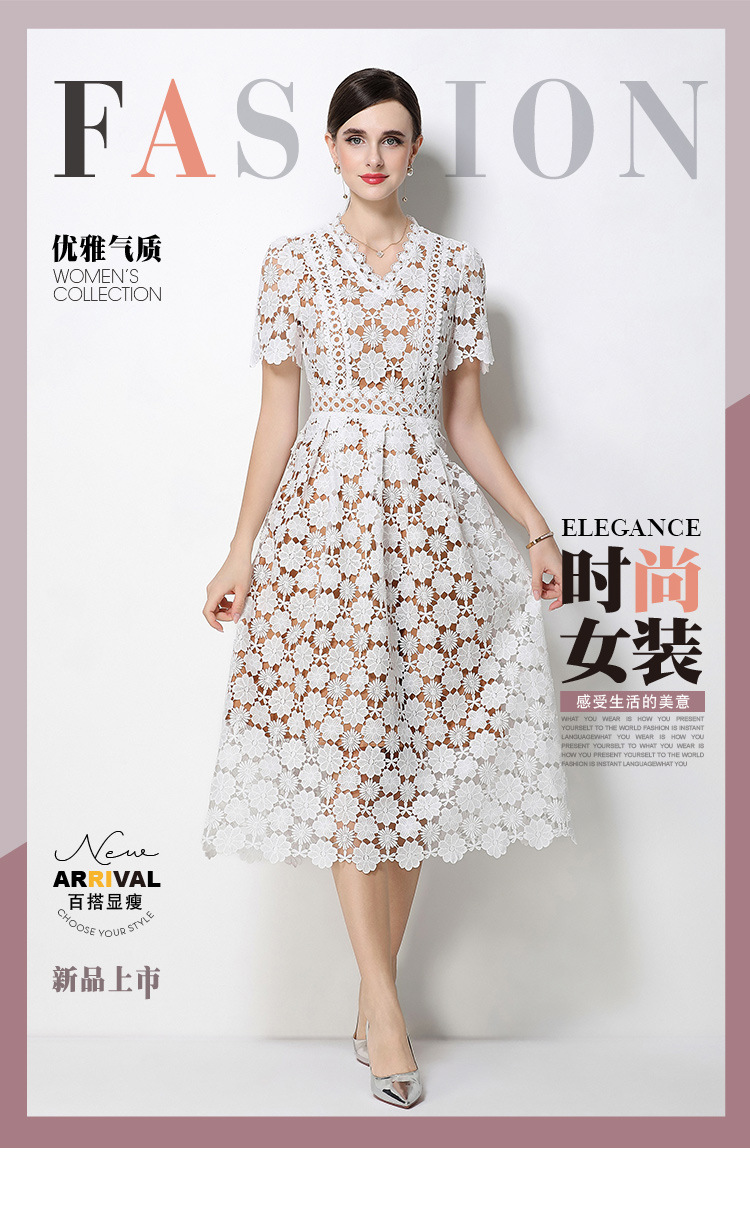 Đầm maxi nữ cổ V ren thắt eo tay ngắn họa tiết rỗng — màu đen, Rượu vang đỏ, màu hồng đậm, màu trắng chi tiết 70