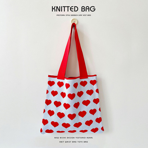 Bag Contrast Color Love Knitted Shoulder Bag Handbag Student Versatile Commuting Large Capacity Canvas Bag