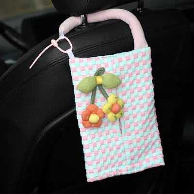Box Hanging Bag for Girls, Car tissue box/set - pink-grid-tissue-bow-flower