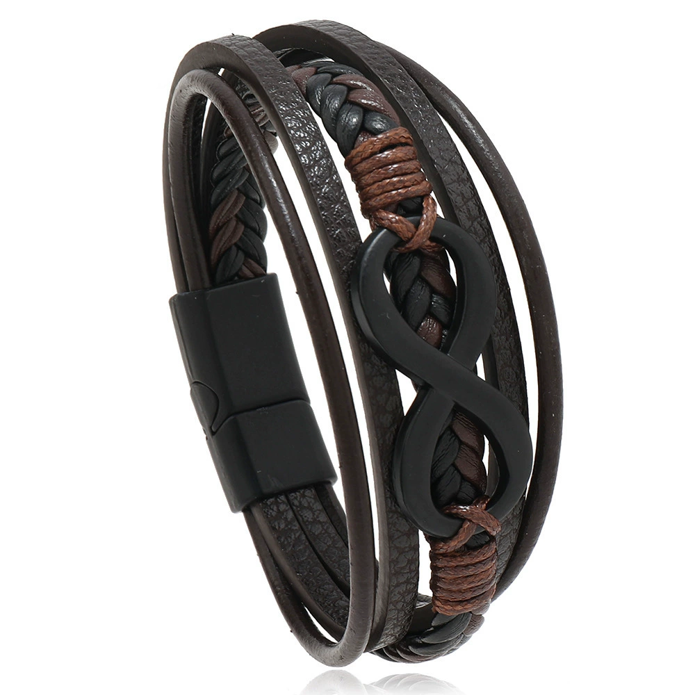 Men's PU Leather Bracelet RH360, Multi-Layer Beaded & Alloy Accents, 21.5 cm